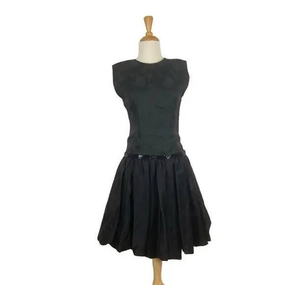 princess polly baby blue dress 1960s 60s Adele Simpson Black Silk Drop Waist Tiered Ruffle Long Sleeve Dress main image 1